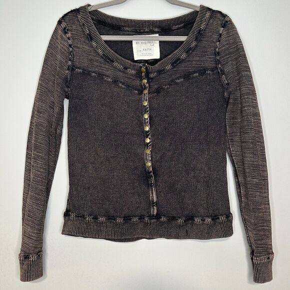 Free People Tops - Free People Pullover Top XS Black Wash Snap Front Ribbed Grunge Dark Casual Punk